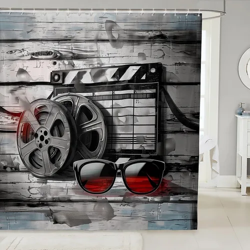 Vista 24 de Homewish Theater Cinema Poster Shower Curtain Set,Retro Movie Bathroom Curtain,Kids Girls Teens Popcorn Waterproof Fabrics Movie Night Bathroom