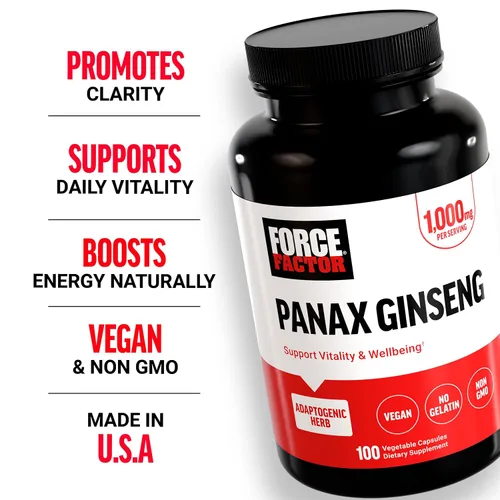 Vista 2 de Force Factor Panax Ginseng Suplemento adaptogénico de ginseng coreano Apoya la energía, la claridad y el bienestar, sin OMG, apto para veganos