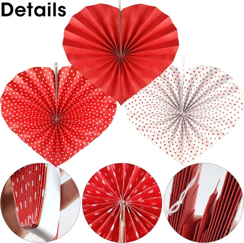 Vista 3 de Reofrey 6 piezas de decoración de corazón de abanico de papel, diseño de corazón rojo, decoración del día de San Valentín, para San Valentín