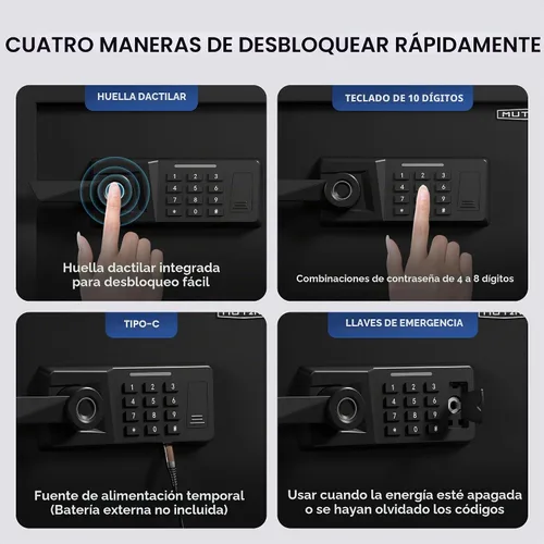 Vista 3 de Caja Fuerte Biométrica de 1.0 Pies Cúbicos con Bolsa Ignífuga, Caja Fuerte de Acceso Rápido por Huella Dactilar con Llaves, Teclado Digital, Puerto