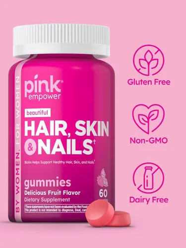 Vista 4 de Gomitas de uñas para la piel del cabello, 60 unidades, colágeno grande, vitaminas sin OMG y sin gluten para mujeres, sabor a fresa, de Pink