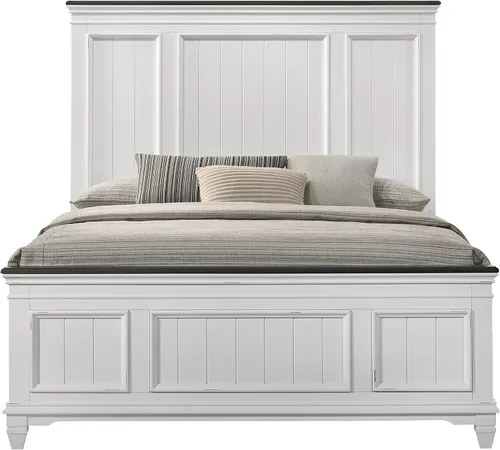 Vista 5 de Roundhill Furniture Clelane Shiplap - Cama con paneles de madera, tamaño Queen, color blanco desgastado y nogal