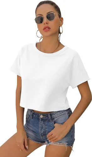 Vista 8 de Blusa corta de verano para mujer, manga corta, cuello redondo, ajuste holgado, blusa casual