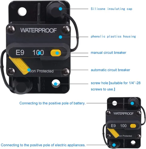 Vista 2 de E-Bro Disyuntor de 100 amperios con interruptor de reinicio manual, impermeable, para automóvil, barco marino (100 A)