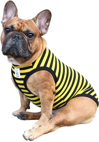 Vista 22 de iChoue - Camisetas de rayas de algodón 100% transpirable para Bulldog francés, chaleco de Halloween para perros medianos, camisetas Frenchie Pug