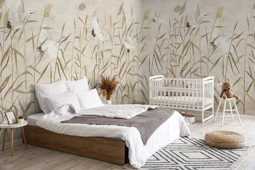 Vista 4 de Murwall Crane birds wallpaper Boho Grass Wall Mural Watercolor Pampas Landscape Wallpaper Soft Meadow with Chinese Birds Wallpaper