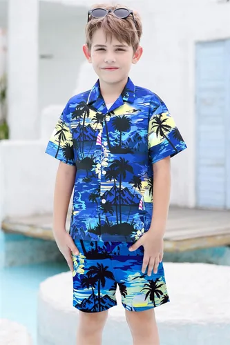 Vista 5 de SANGTREE Traje hawaiano corto de verano para niños, camisa con botones + camiseta blanca + pantalones cortos, 3 meses a 9 años