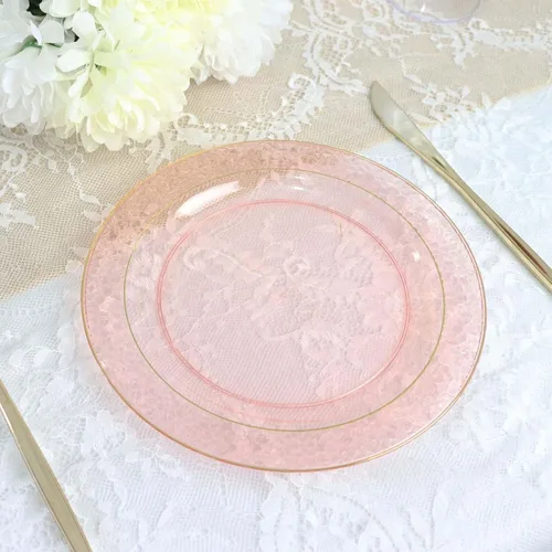 Vista 9 de Efavormart - Paquete de 10 platos de postre de plástico martillado de oro rosa rubor de 7.5 pulgadas con borde dorado, platos redondos desechables