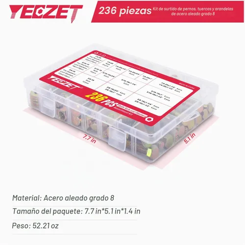 Vista 3 de Kit de 236 arandelas de pernos y tuercas resistentes de grado 8, 1/4-20 5/16-18 3/8-16, tornillos hexagonales, tuercas, kit surtido, incluye 13