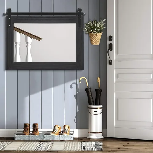 Vista 7 de AAZZKANG Espejo con marco de madera, estilo de puerta de granero, rectangular, decorativo, baño, dormitorio, tocador, decoración de pared del hogar