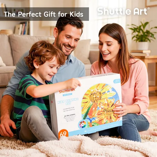 Vista 7 de Juego de 48 pinturas acrílicas para niños, Shuttle Art 30 colores de pintura acrílica con caballete de madera, lienzo, bloc de pintura, pinceles