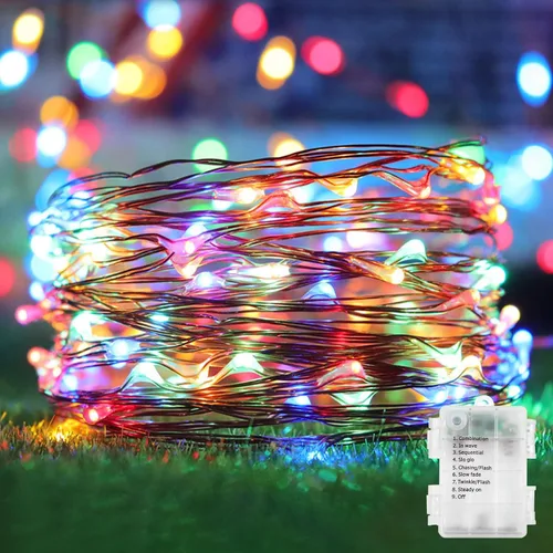 Vista 13 de Tira de 100 luces LED EchoSari, para exteriores, operadas con batería y control remoto (con capacidad de atenuación, temporizador y 8 modos), a
