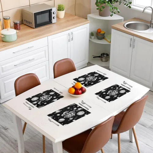 Vista 3 de Juego de 4 manteles individuales de hongos de dibujos animados con diseño de hongos, decoración de cocina, cena, interiores, manteles individuales