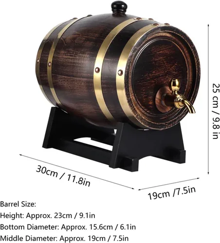Vista 2 de Barril de whisky de madera, barril de envejecimiento de roble de 3 litros con 4 soportes y grifo, barril de vino tinto para cerveza casera