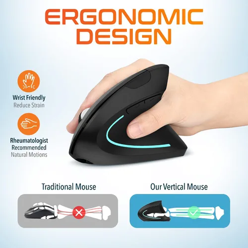 Vista 2 de Delton Ratón inalámbrico ergonómico vertical recargable con par automático USB Dongle, 6 botones, 3 niveles de DPI ajustables (800/1200/2400)