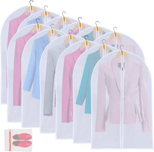 Vista 16 de Fundas de plástico para colgar la ropa (juego de 12) protectores de ropa de armario, funda transparente transpirable con refuerzo de 2 pulgadas
