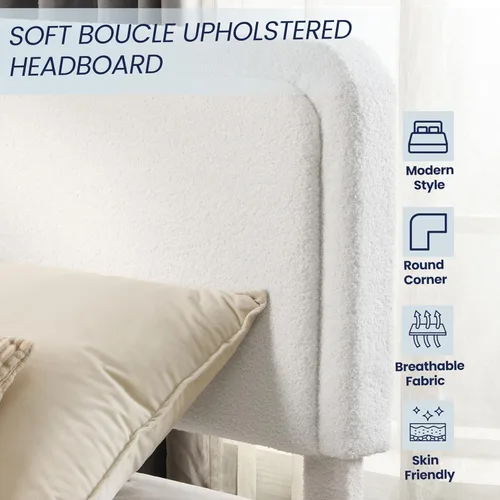 Vista 10 de Flolinda Base de cama tapizada tamaño King con cabecera ajustable, plataforma moderna con listones de madera de tela Boucle, perfil bajo,