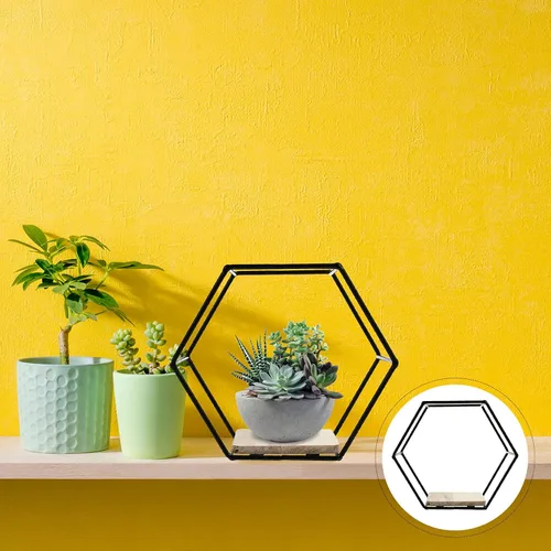 Vista 5 de Happyyami Estante de almacenamiento hexagonal de hierro negro montado en la pared, estante flotante decorativo para plantas suculentas y libros