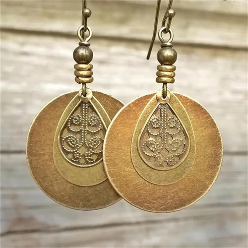 Vista 6 de Aretes bohemios, bohemios, hechos a mano, joyería étnica antigua, aretes de aro tallados vintage en espiral para mujer, disco marrón étnico redondo