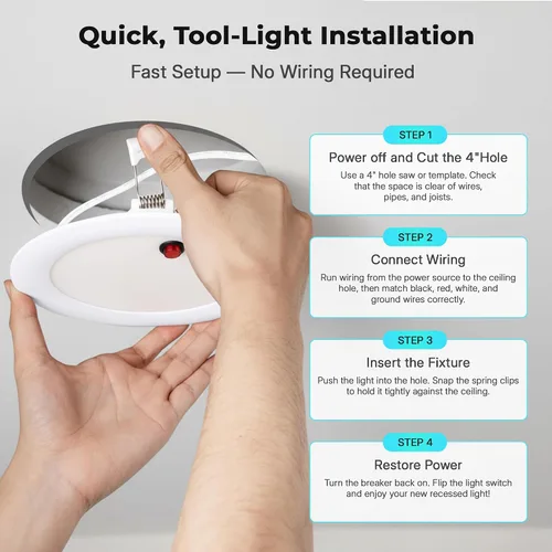 Vista 4 de LED & Lighting Solutions Luces empotrables regulables ultra delgadas de 4 pulgadas, 9W 720 lúmenes, CCT seleccionable 2700K-6000K, luz de techo de 4