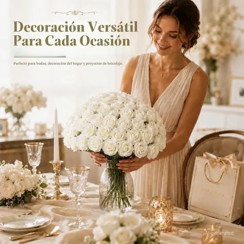 Vista 4 de [Usado] 50 flores artificiales de rosas blancas Beige
