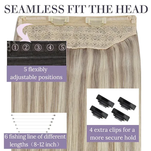 Vista 4 de Fshine - Extensiones de cabello con hilo invisible de 12 pulgadas, color rubio ceniza con reflejos de rubio decolorado, pieza de cabello humano real