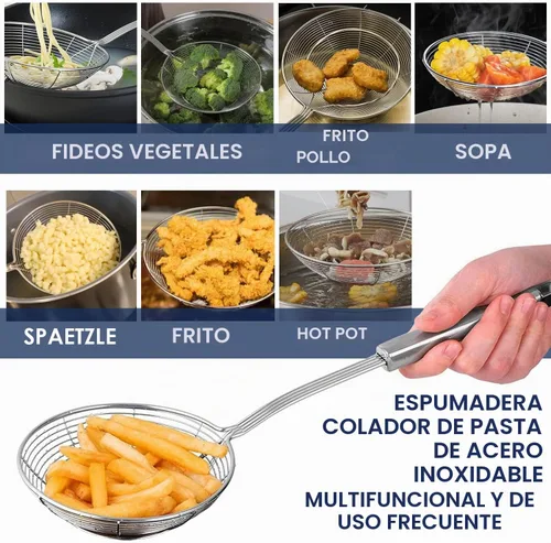Vista 5 de Spaetzle Maker de acero inoxidable de alta calidad con mango de agarre cómodo, colador de araña de acero inoxidable, cuchara espumadora, colador