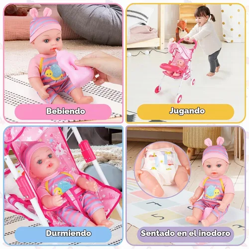 Vista 7 de deAO Juego de cochecito de muñeca de bebé de 12 pulgadas con cochecito de muñeca plegable, 15 piezas, accesorios para muñecas de bebé para niños