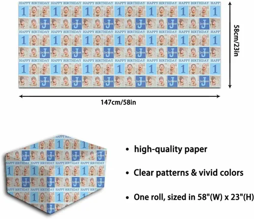Vista 4 de COLORSFORU Papel de regalo personalizado de feliz cumpleaños con foto de nombre: fabricado en EE. UU., rollo de papel de regalo personalizado, papel