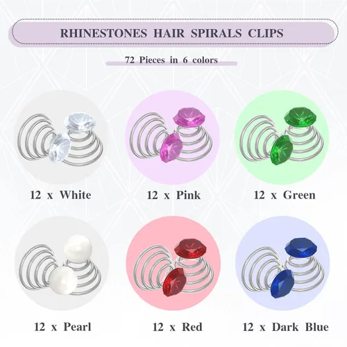 Vista 3 de BENBO - Horquillas para el cabello en espiral con diamantes de imitación, 72 unidades, coloridos y brillantes, de cristal, tornados, espirales