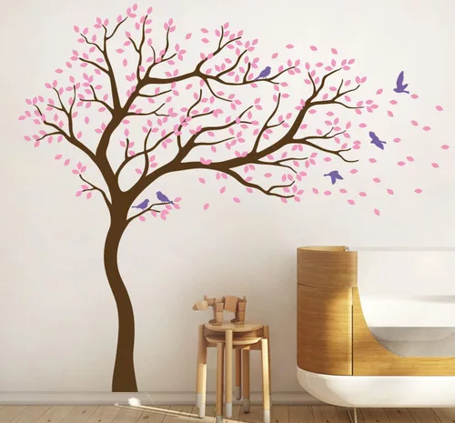 Vista 7 de Vinilo decorativo para pared de árbol grande con pájaros y hojas que soplan en el viento, adhesivo mural de bosque