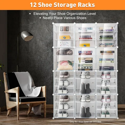 Vista 2 de TENNIX - Caja de zapatos plegable de 72 pares, 12 niveles, de plástico transparente, apilable, organizador de zapatos para armario y entrada, ahorro