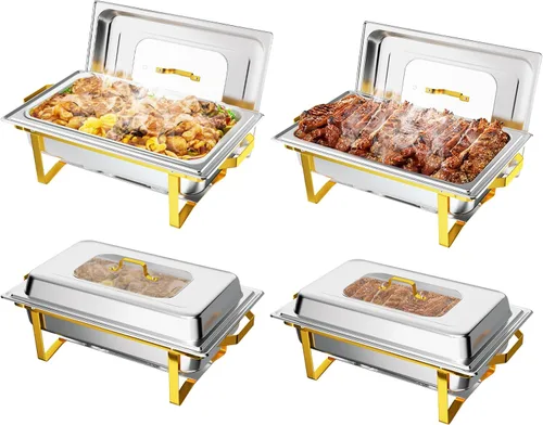 Vista 15 de ROVSUN Platos dorados para bufé, juego de bufé de 9 cuartos con tapa de vidrio, servidores y calentadores de bufé de acero inoxidable con marco