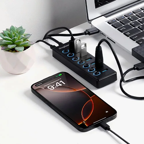 Vista 6 de Hub USB 3.0 SuperSpeed con línea de 1M, divisor de 7 puertos con interruptores de alimentación individuales y luz LED