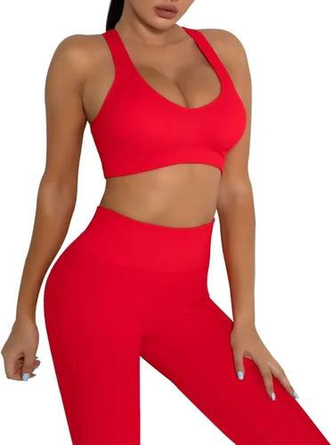 Vista 2 de DADAB Conjuntos de entrenamiento de dos piezas para mujer, ropa de gimnasio, yoga, sin costuras, espalda cruzada, brasier deportivo con pantalones