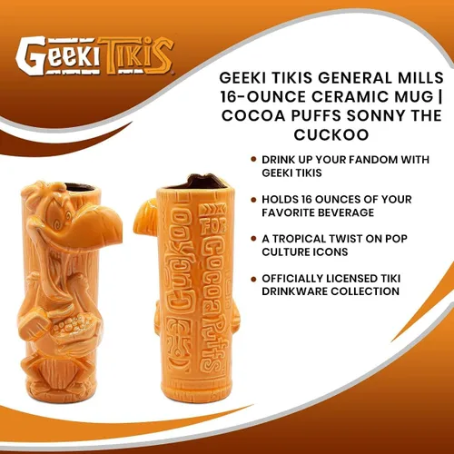 Vista 6 de Geeki Tikis General Mills Taza de cerámica, Cocoa Puffs Sonny the Cuckoo Taza Tiki oficial de la mascota de cereales coleccionable, vasos