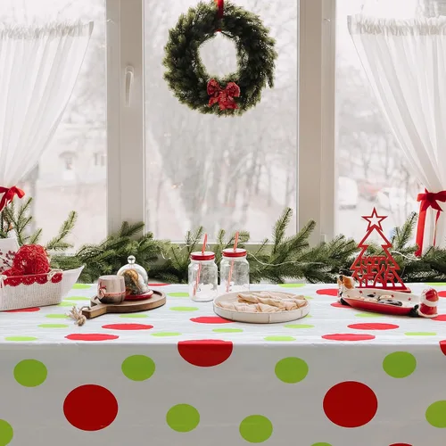 Vista 6 de Hosuly Rollo de mantel de Navidad de 100 pies x 40 pulgadas con lunares rojo y verde, mantel rectangular desechable de plástico para invierno