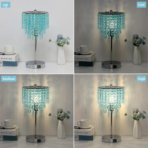 Vista 3 de Lámpara de mesa de cristal con control táctil, lámparas de mesita de noche con doble USB para dormitorio, lámpara de mesita de noche regulable de 3