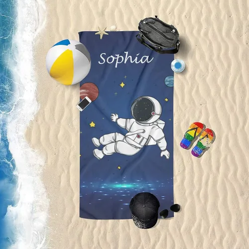 Vista 3 de Toalla de playa de astronauta de luz azul personalizada con nombre, toallas de baño a prueba de arena para natación y deporte, 30 x 60 pulgadas
