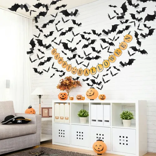Vista 5 de Piteno® 96Pcs Bats Halloween Decorations Party Supplies, Realistic PVC 3D Black Scary Bat Stickers for Creepy Home Decor Halloween Party Decorations