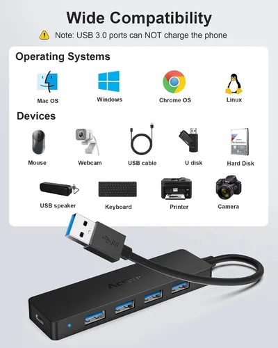 Vista 6 de Aceele Concentrador USB 3.2 con cable de datos largo extendido de 4 pies, concentrador USB 3.2 Gen 2 5 en 1