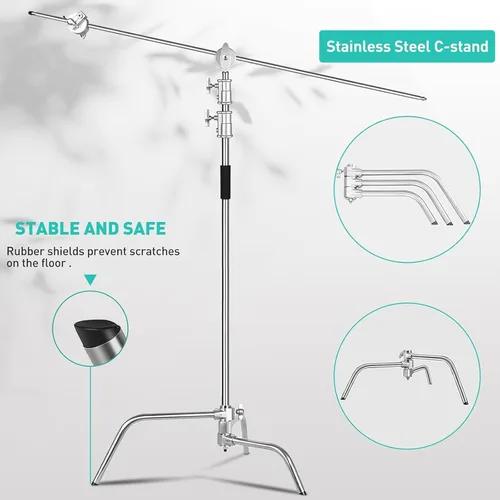 Vista 6 de Soporte en C de acero inoxidable resistente con brazo de pluma, soporte de fotografía ajustable de 3.3m/10.8 pies con brazo de sujeción de 1.3m/4.2