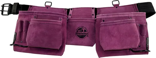 Vista 9 de Graintex Cinturón de herramientas de cuero de gamuza profesional de 11 bolsillos, bolsa de herramientas, color verde lima, cinturón de cuero/correa