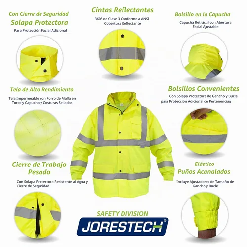 Vista 4 de Jorestech - chamarra ligera para la lluvia, impermeable, ANSI/ISEA 107-2015, clase 3, nivel 2, Amarillo, Extra grande