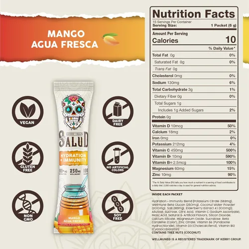 Vista 3 de Salud - Paquete de 2 Hidratación 2 en 1 + inmunidad (mango) e hidratación + inmunidad (hibisco) – 15 porciones cada una, mezcla de bebida Agua