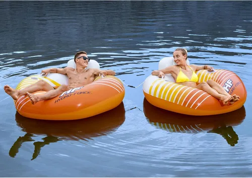 Vista 2 de Bestway 43399E Hydro-Force Sunkissed Pool, Lake, River, Beach Inflatable PVC Clasp N Go Inner Tube Ring Float with Cup Holder, Orange and Yellow