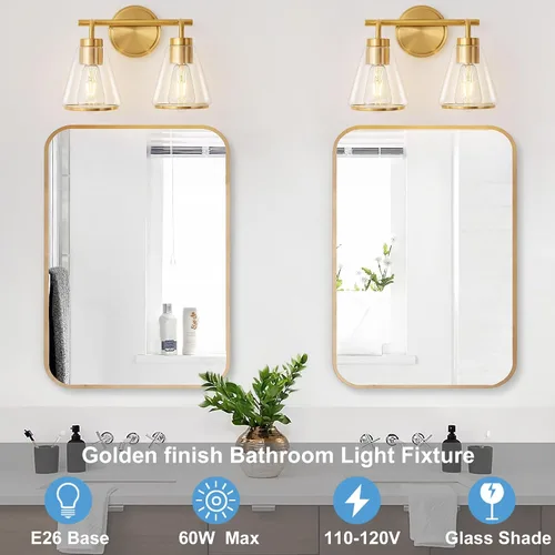 Vista 2 de Accesorios de iluminación de baño sobre espejo Luces de tocador doradas de 2 luces con pantalla de vidrio transparente de 14 pulgadas Luces