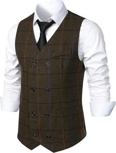 Vista 8 de Mens Slim Formal Business Waistcoat Casual Plaid Soft Suit Vest Classic Button Collar Sleeveless Coats Coffee