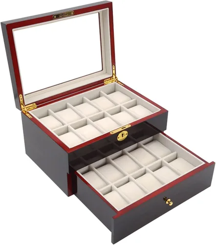 Vista 5 de LOYALHEARTDY Caja de reloj de madera de 20 ranuras, joyería y reloj de exhibición Oraorganization de 2 capas soporte de reloj de madera