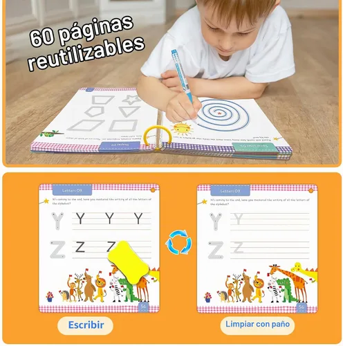 Vista 5 de Actividades de Aprendizaje Preescolar 60 Páginas Reutilizables, Libro de Práctica de Escritura de Letras y Números para Niños, Juguetes